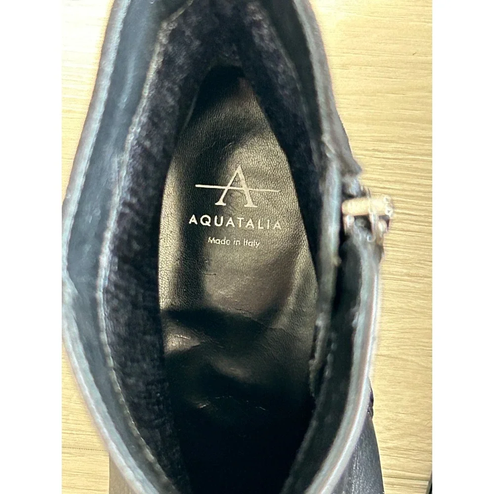 Aquatalia Lucia square toe block heel black Leather Boots 9.5 weatherproof city